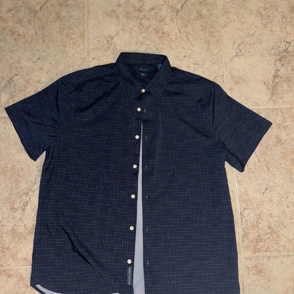 Perry Ellis Dark Blue Patterned Button Down Shirt